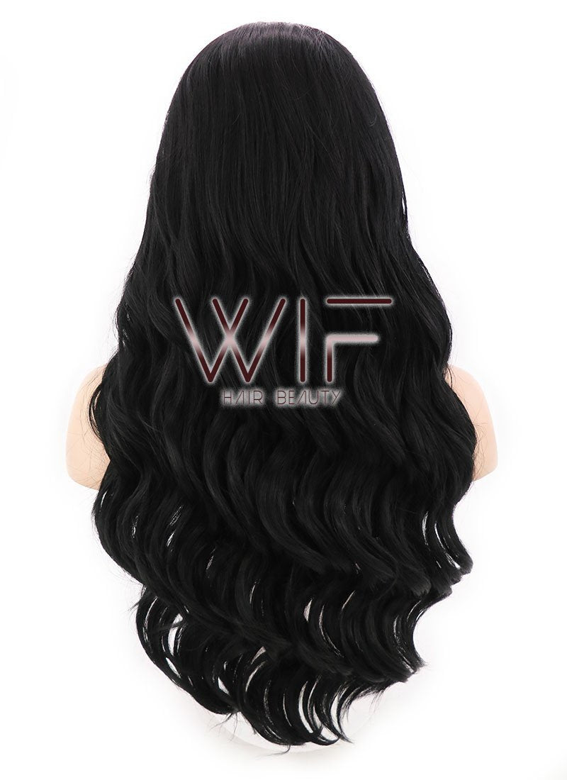 24" Long Curly Jet Black Lace Front Synthetic Hair Wig LF094