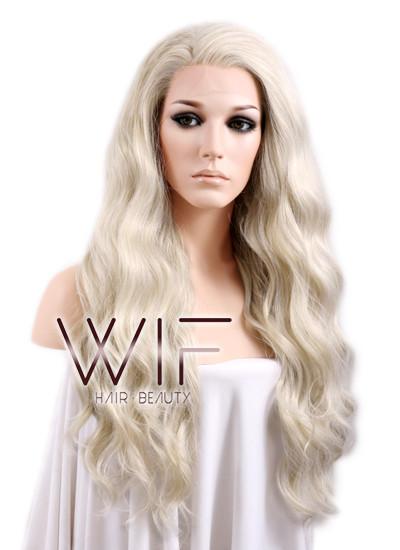 Long Curly Wavy 24" Light Ash Blonde Lace Front Synthetic Fashion Wig