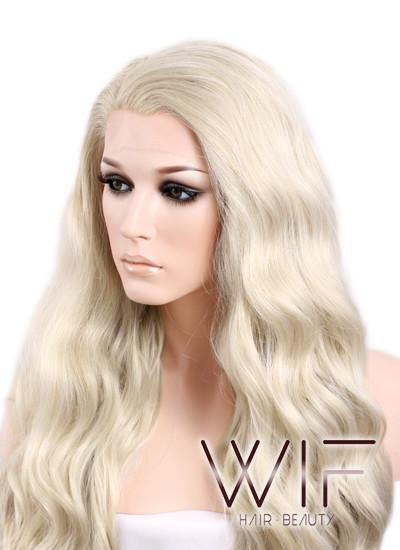 Long Curly Wavy 24" Light Ash Blonde Lace Front Synthetic Fashion Wig