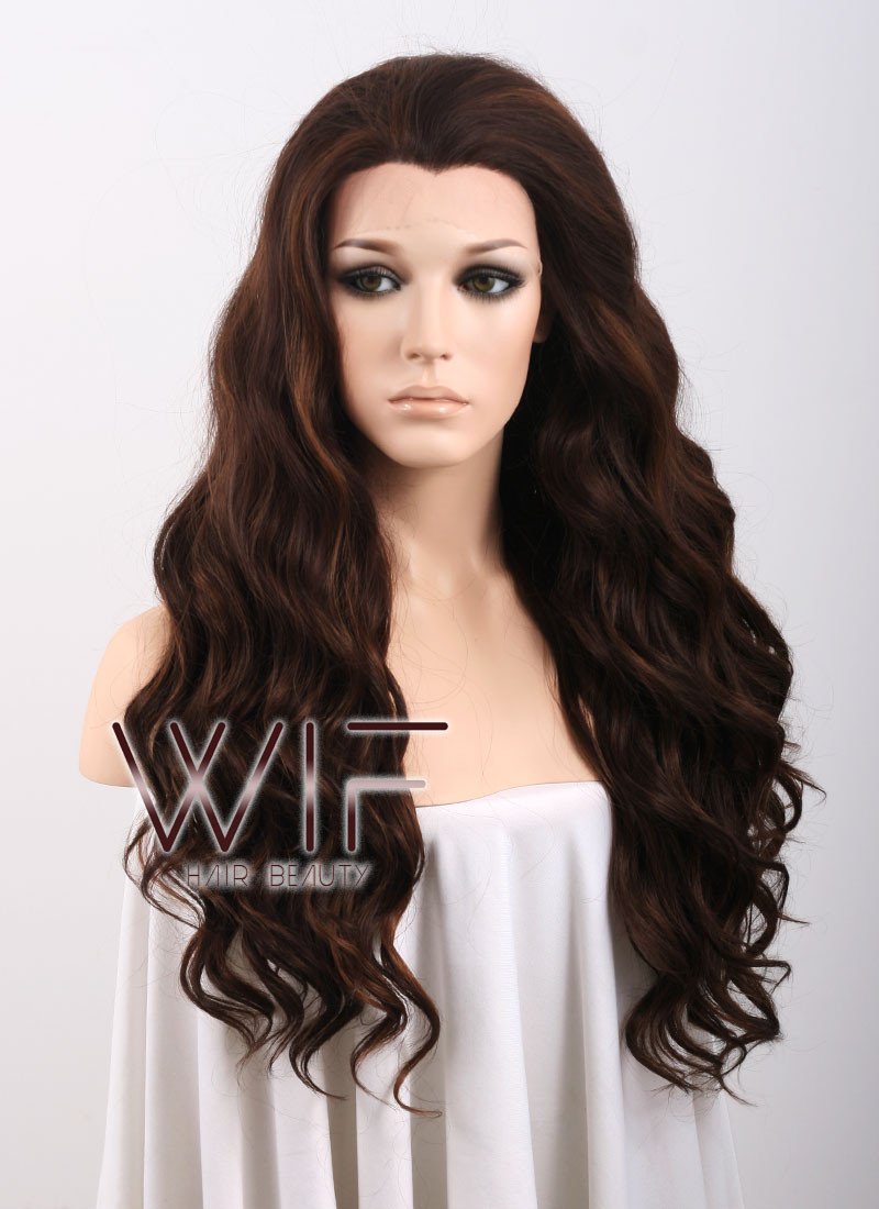 Long Curly Wavy 24" Two Tone Brown Lace Front Synthetic Fashion Wig