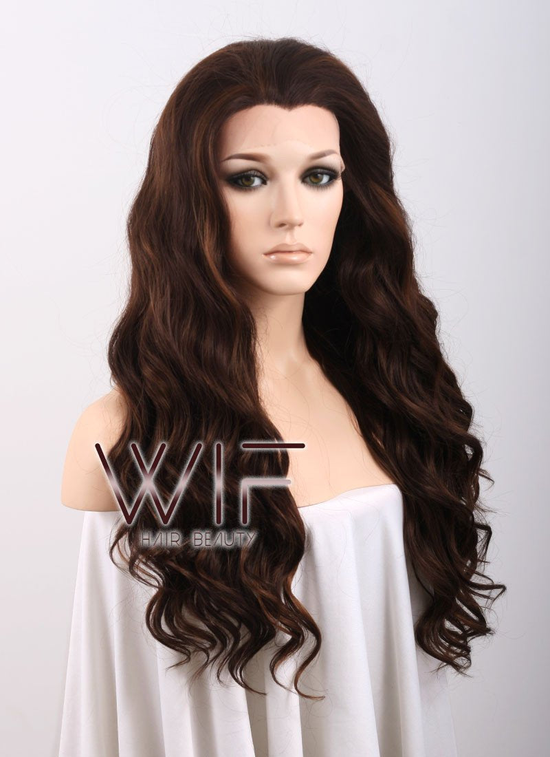 Long Curly Wavy 24" Two Tone Brown Lace Front Synthetic Fashion Wig