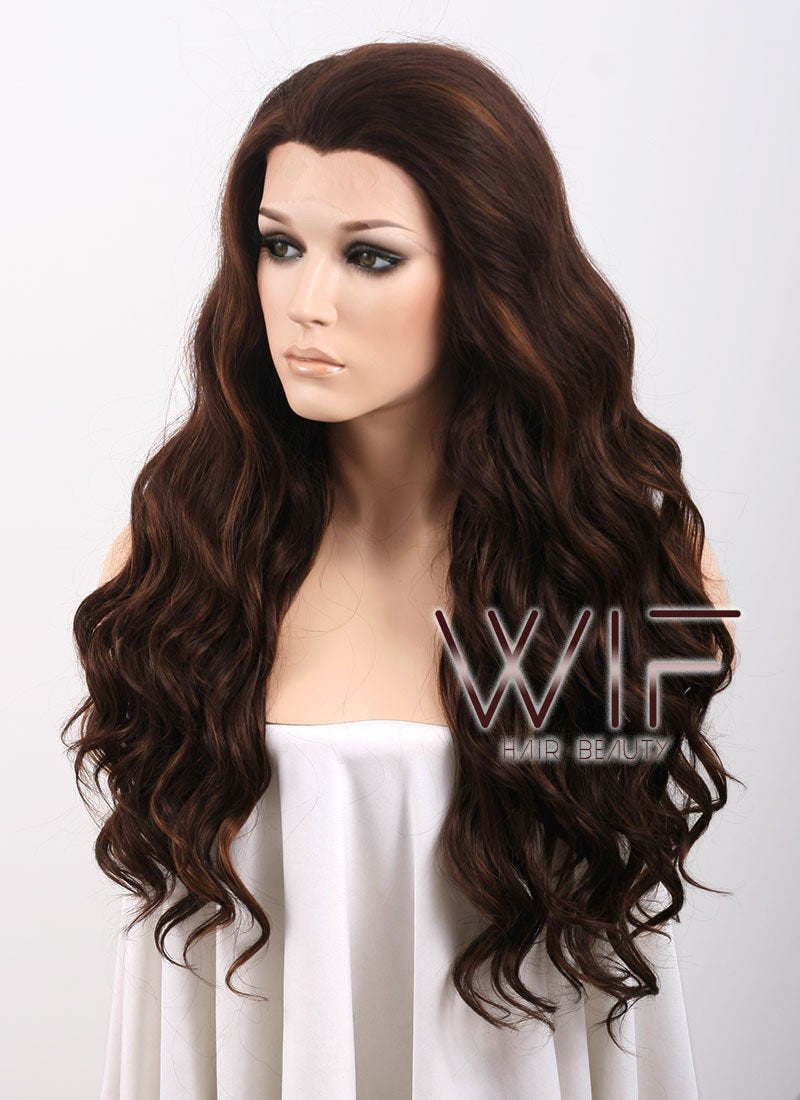 Long Curly Wavy 24" Two Tone Brown Lace Front Synthetic Fashion Wig