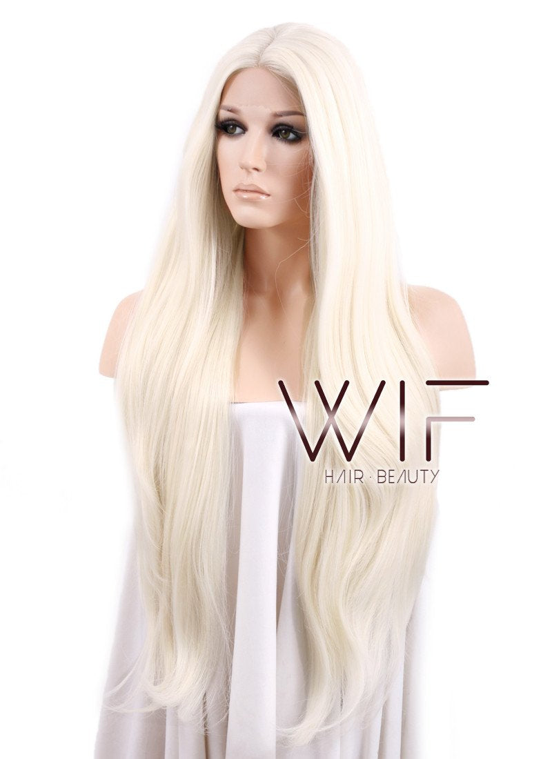 20" / 28" Long Straight Platinum Blonde Customizable Lace Front Synthetic Hair Wig LF150D