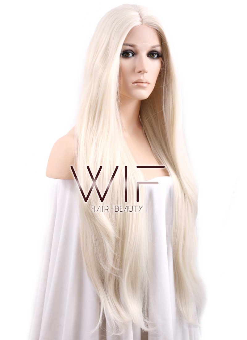 20" / 28" Long Straight Platinum Blonde Customizable Lace Front Synthetic Hair Wig LF150D
