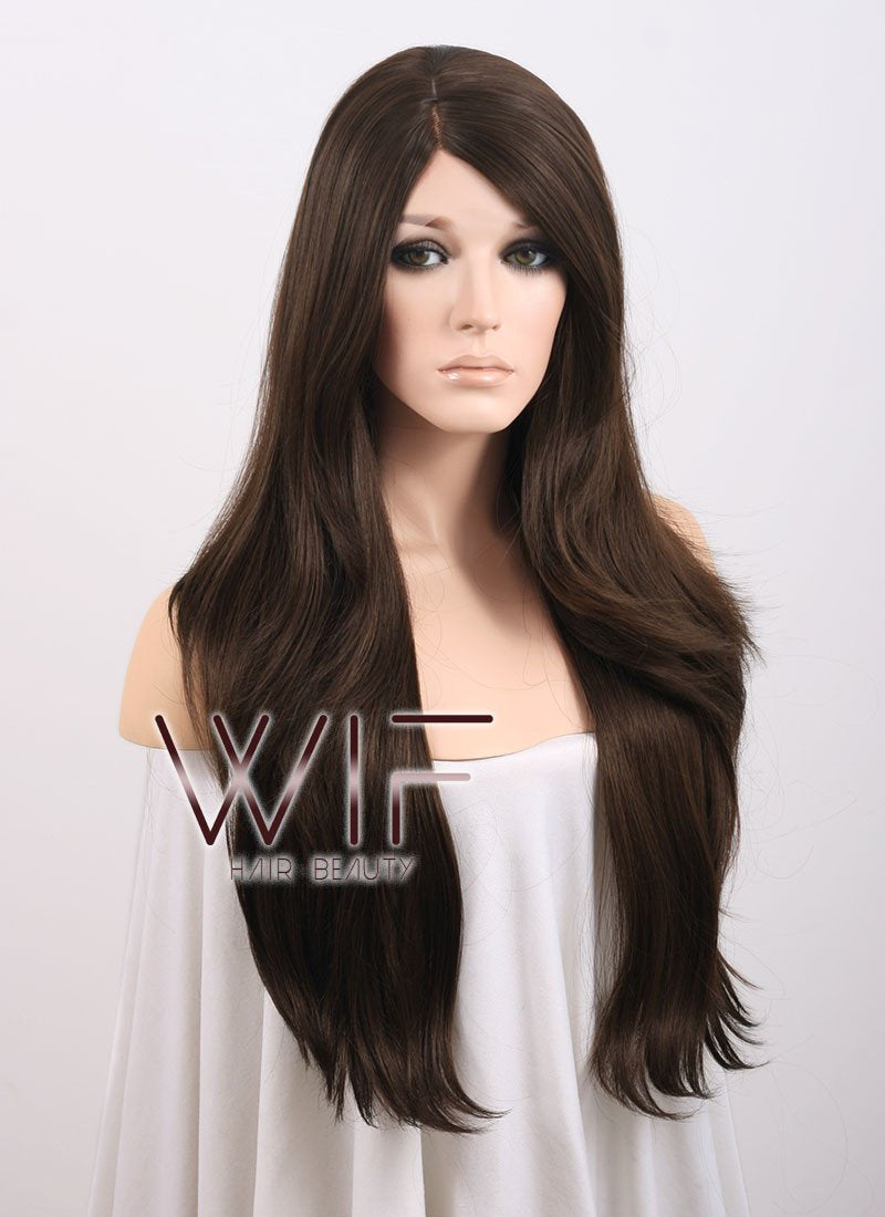 24" Long Straight Dark Brown Lace Front Synthetic Wig