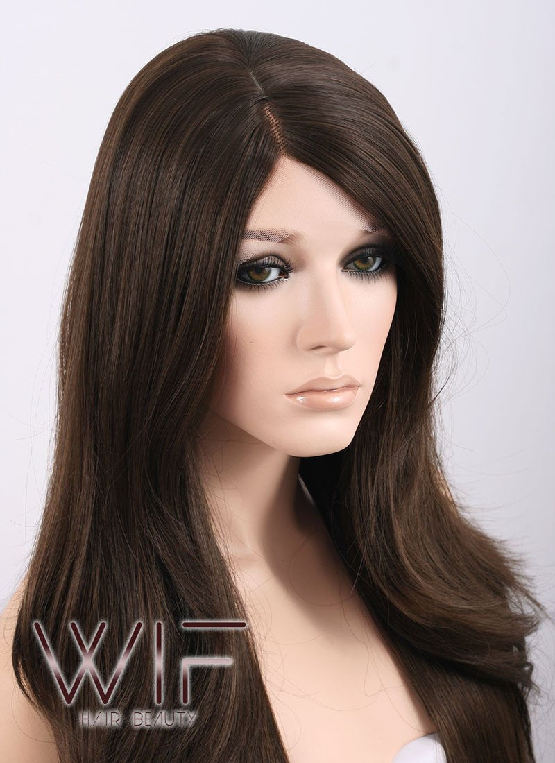 24" Long Straight Dark Brown Lace Front Synthetic Wig