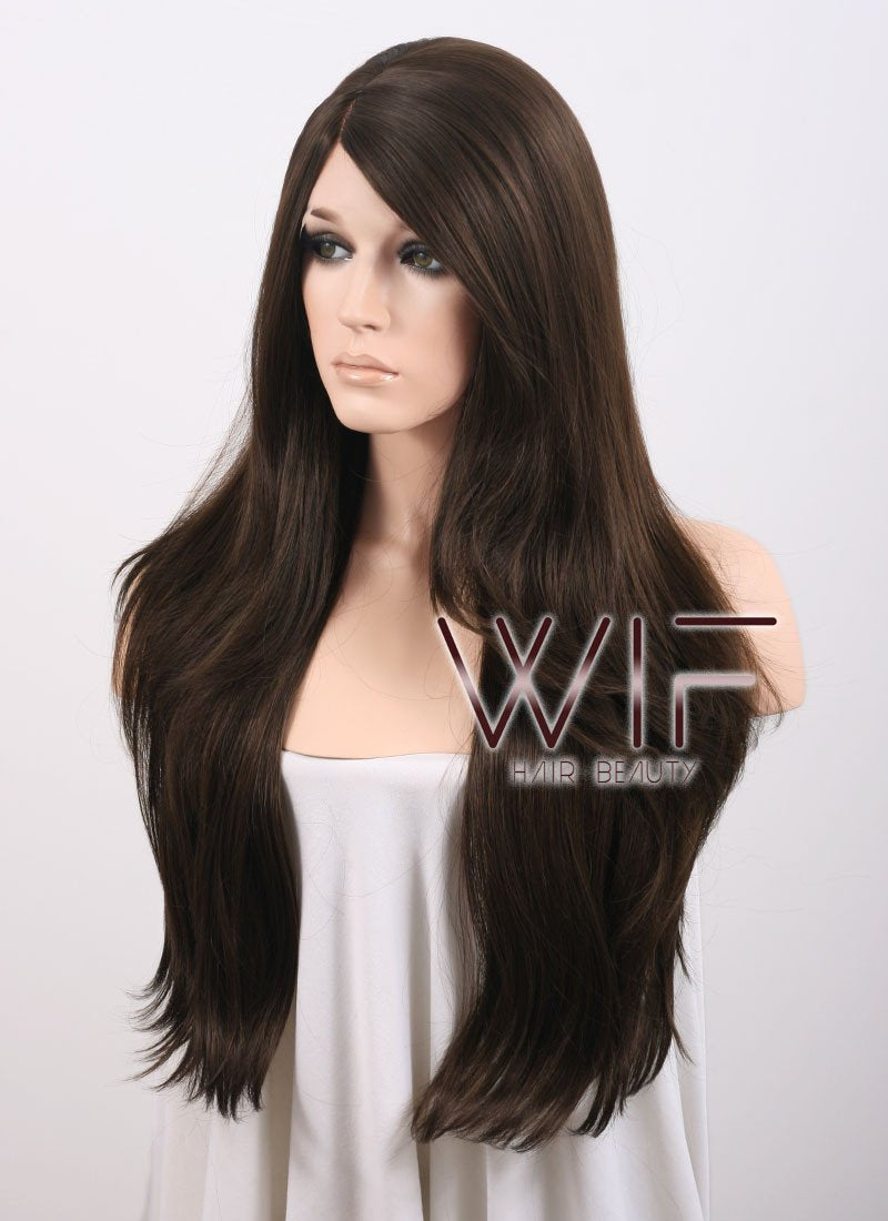 24" Long Straight Dark Brown Lace Front Synthetic Wig
