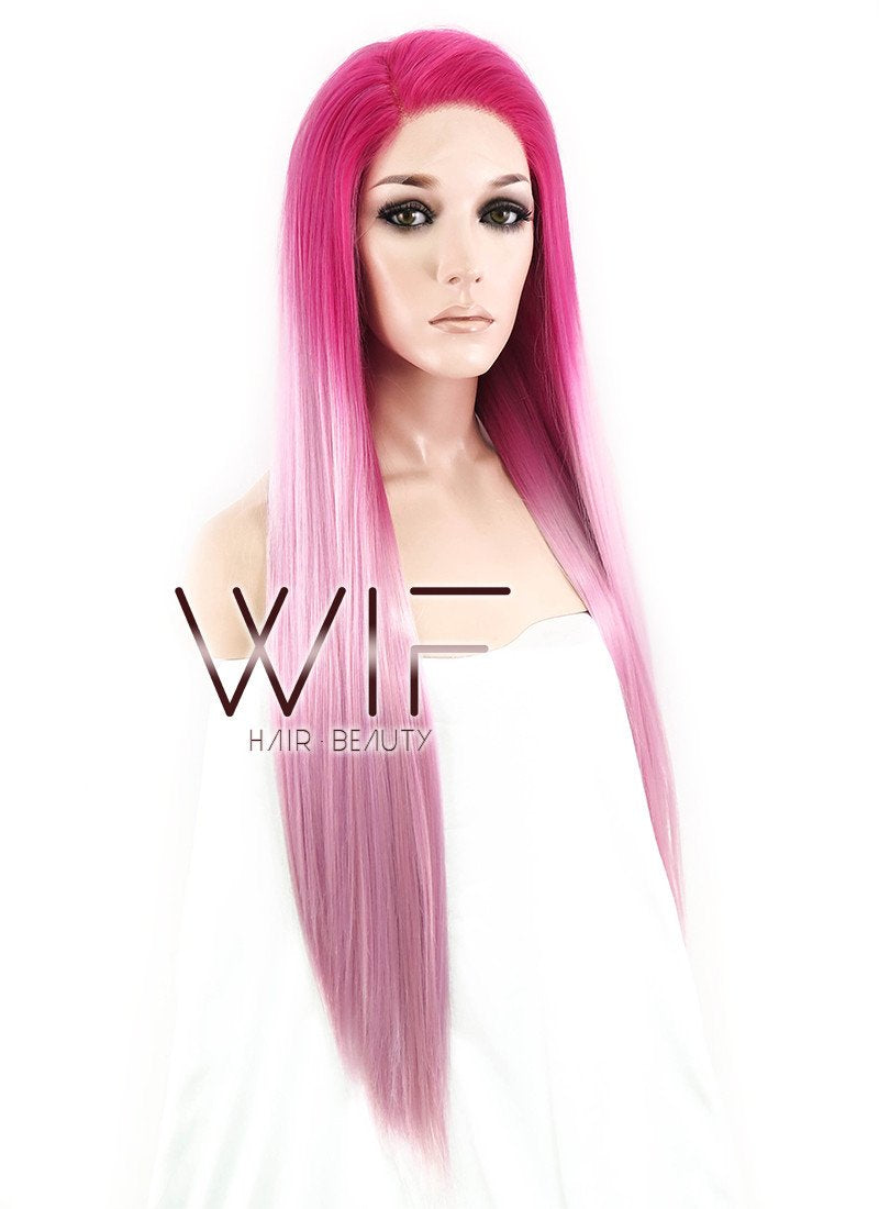 24" Long Straight Two Tone Pink Lace Front Synthetic Hair Wig LF1513