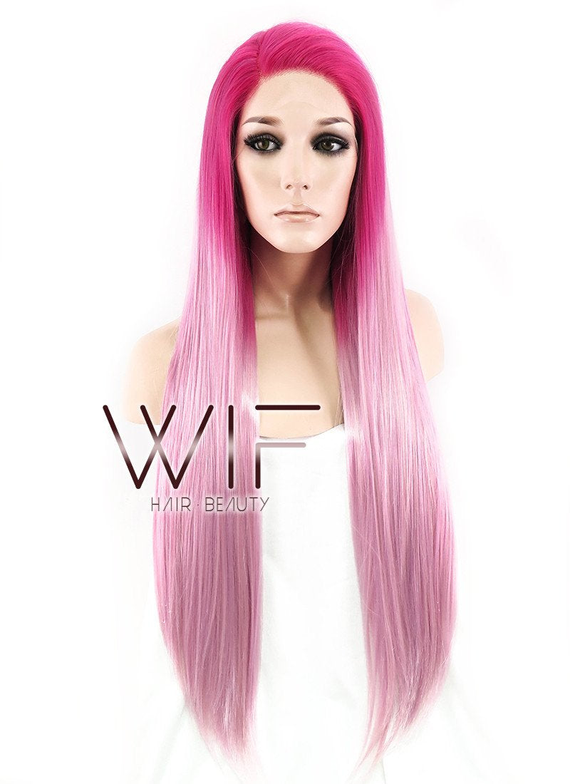 24" Long Straight Two Tone Pink Lace Front Synthetic Hair Wig LF1513