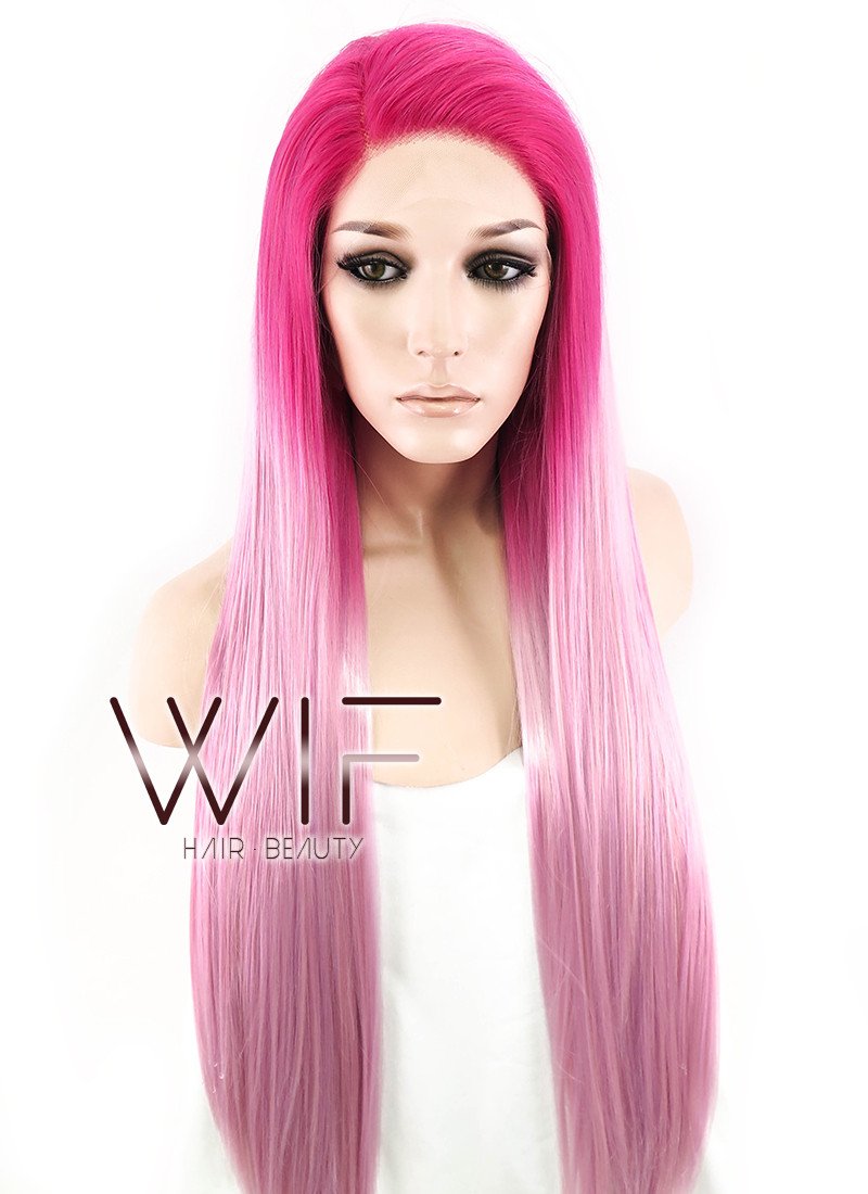 24" Long Straight Two Tone Pink Lace Front Synthetic Hair Wig LF1513