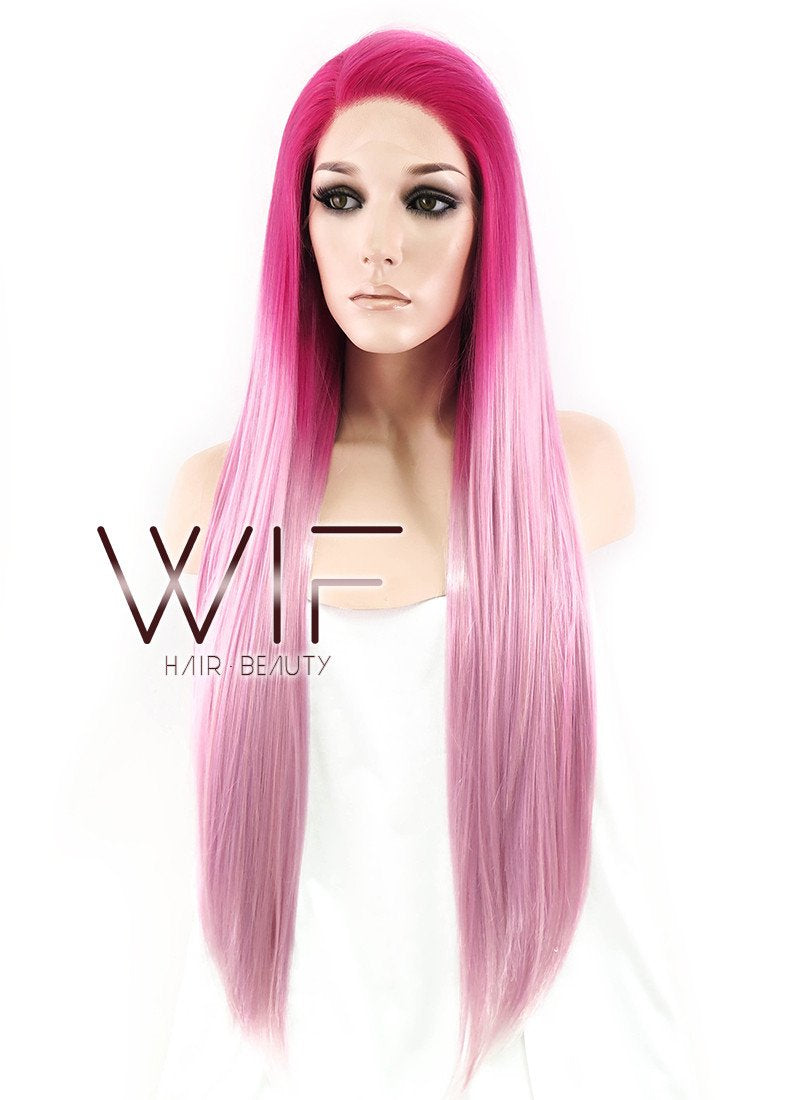 24" Long Straight Two Tone Pink Lace Front Synthetic Hair Wig LF1513