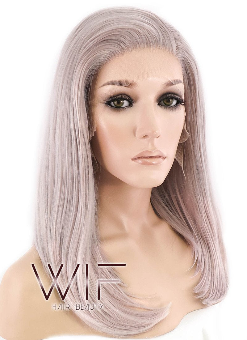 16" Long Straight Pinkish Grey  Made-To-Order Lace Front Synthetic Hair Wig LF1514A