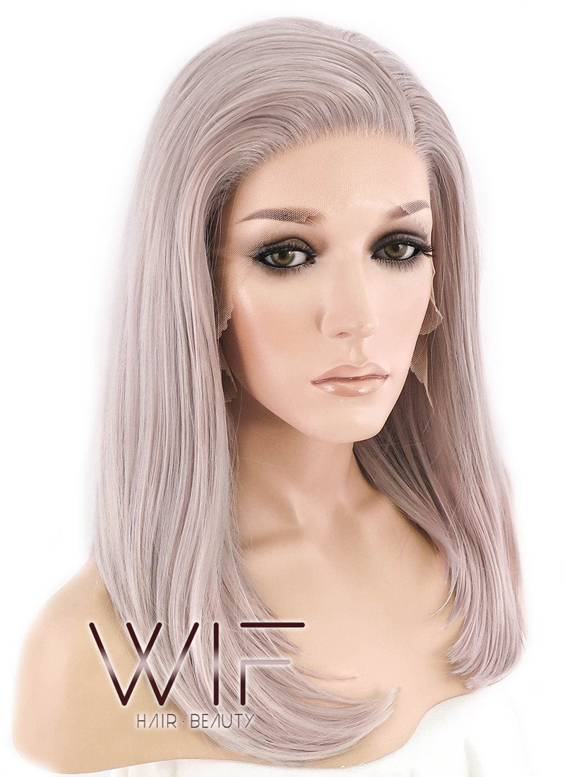 16" Long Straight Pinkish Grey  Made-To-Order Lace Front Synthetic Hair Wig LF1514A