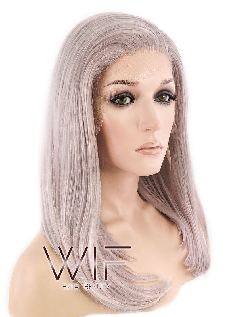 16" Long Straight Pinkish Grey  Made-To-Order Lace Front Synthetic Hair Wig LF1514A