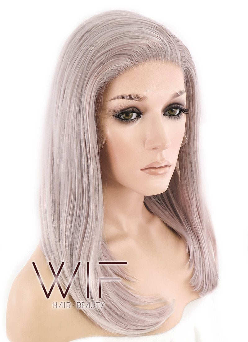 16" Long Straight Pinkish Grey  Made-To-Order Lace Front Synthetic Hair Wig LF1514A
