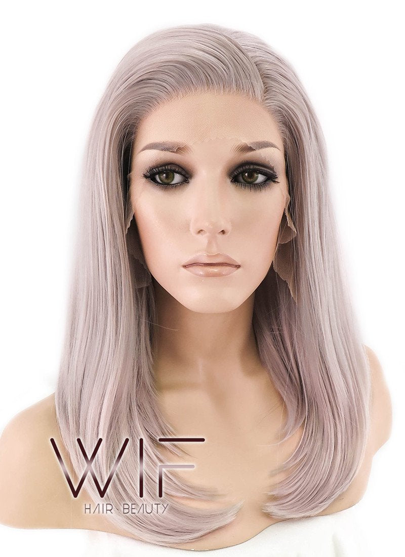 16" Long Straight Pinkish Grey  Made-To-Order Lace Front Synthetic Hair Wig LF1514A