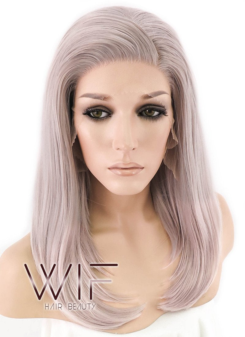 16" Long Straight Pinkish Grey  Made-To-Order Lace Front Synthetic Hair Wig LF1514A