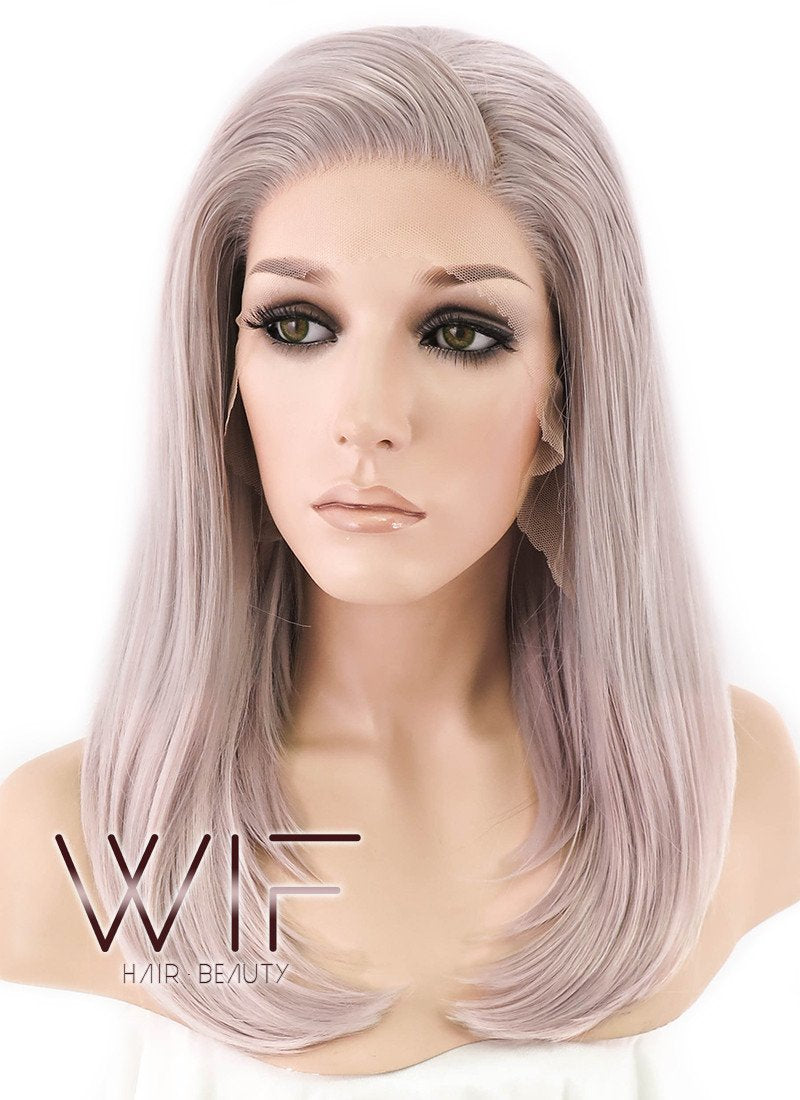 16" Long Straight Pinkish Grey  Made-To-Order Lace Front Synthetic Hair Wig LF1514A