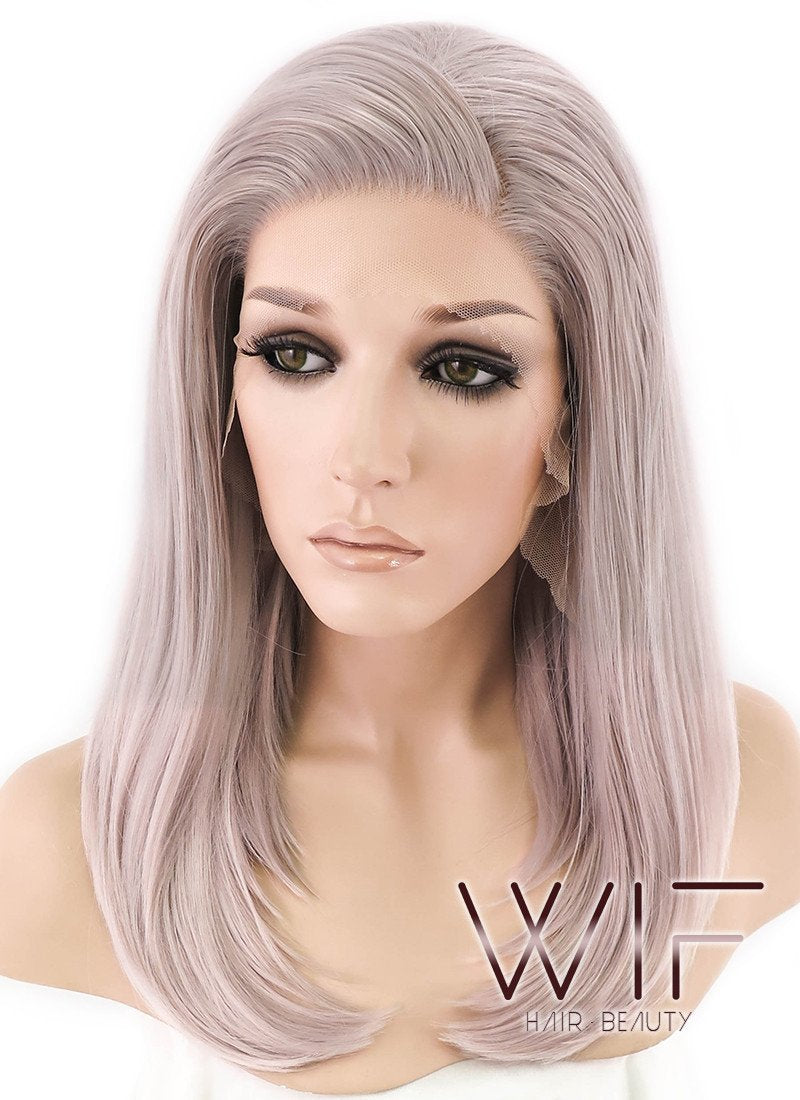 16" Long Straight Pinkish Grey  Made-To-Order Lace Front Synthetic Hair Wig LF1514A