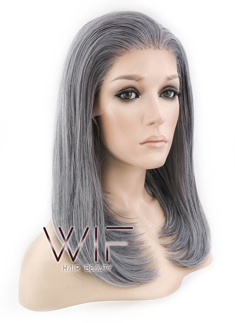 16" Medium Straight Mixed Grey Lace Front Synthetic Hair Wig LF1514B