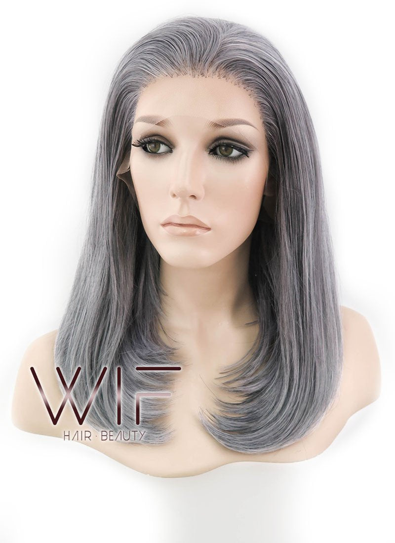 16" Medium Straight Mixed Grey Lace Front Synthetic Hair Wig LF1514B