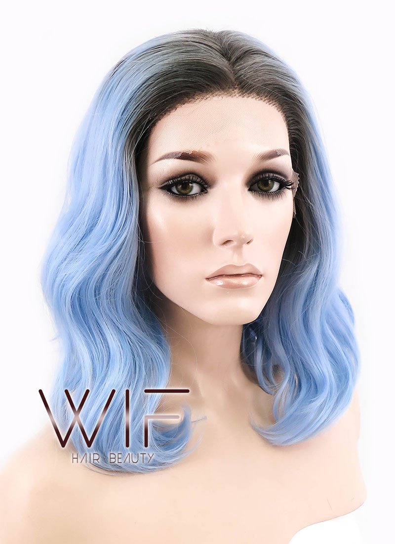 14" Medium Curly Natural Black Mixed Light Blue Ombre Customizable Made-To-Order Lace Front Synthetic Hair Wig LF1522