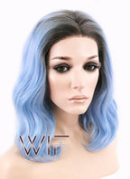 14" Medium Curly Natural Black Mixed Light Blue Ombre Customizable Made-To-Order Lace Front Synthetic Hair Wig LF1522