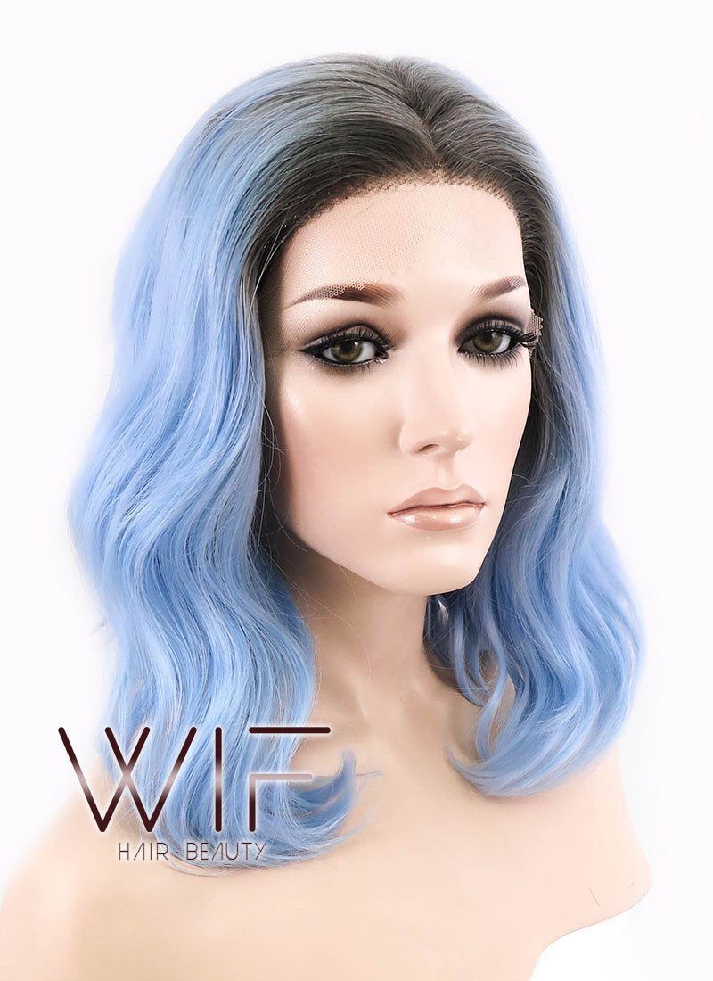 14" Medium Curly Natural Black Mixed Light Blue Ombre Customizable Made-To-Order Lace Front Synthetic Hair Wig LF1522
