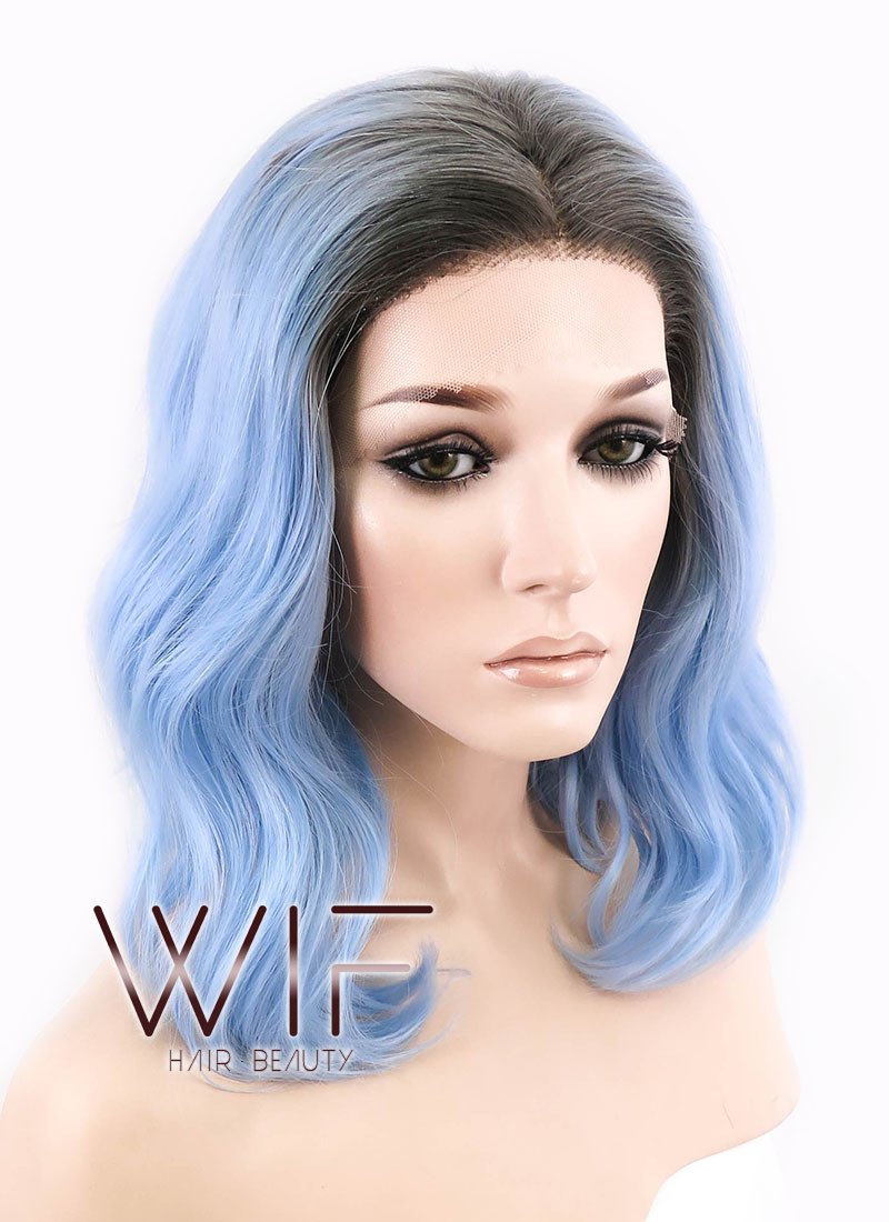 14" Medium Curly Natural Black Mixed Light Blue Ombre Customizable Made-To-Order Lace Front Synthetic Hair Wig LF1522
