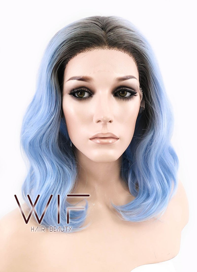 14" Medium Curly Natural Black Mixed Light Blue Ombre Customizable Made-To-Order Lace Front Synthetic Hair Wig LF1522
