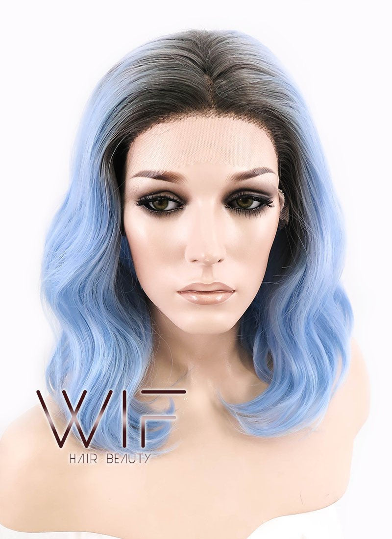 14" Medium Curly Natural Black Mixed Light Blue Ombre Customizable Made-To-Order Lace Front Synthetic Hair Wig LF1522
