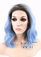 14" Medium Curly Natural Black Mixed Light Blue Ombre Customizable Made-To-Order Lace Front Synthetic Hair Wig LF1522