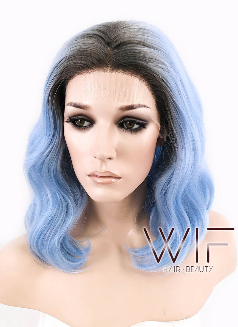 14" Medium Curly Natural Black Mixed Light Blue Ombre Customizable Made-To-Order Lace Front Synthetic Hair Wig LF1522