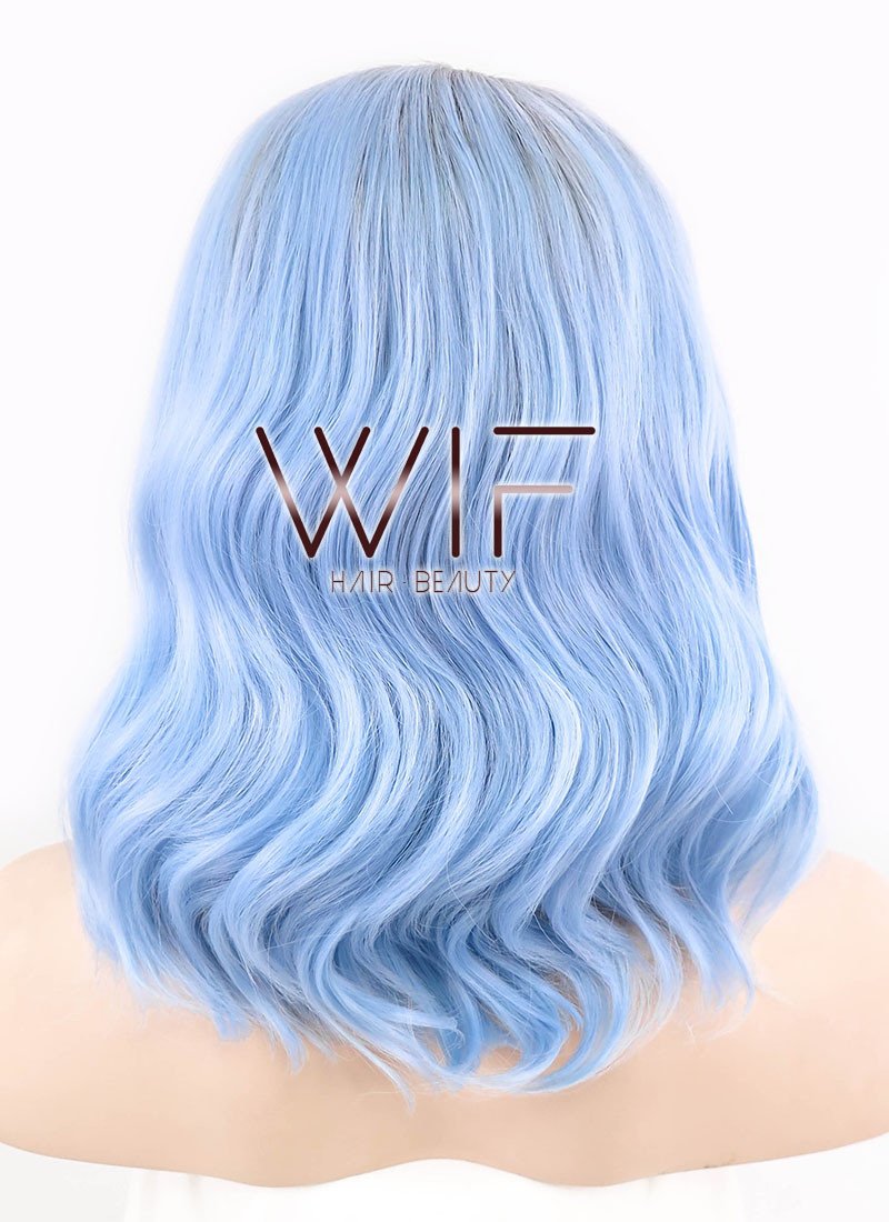 14" Medium Curly Natural Black Mixed Light Blue Ombre Customizable Made-To-Order Lace Front Synthetic Hair Wig LF1522