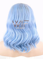 14" Medium Curly Natural Black Mixed Light Blue Ombre Customizable Made-To-Order Lace Front Synthetic Hair Wig LF1522