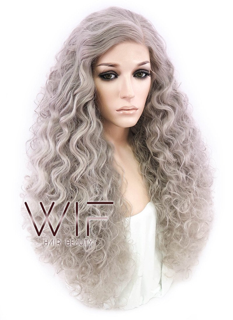 26" Long Spiral Ash Grey Made-To-Order Lace Front Synthetic Hair Wig LF1540