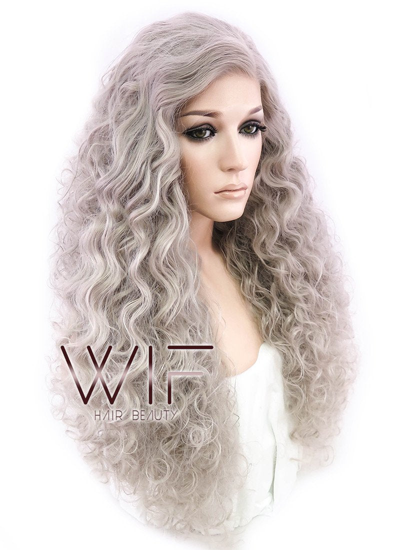 26" Long Spiral Ash Grey Made-To-Order Lace Front Synthetic Hair Wig LF1540