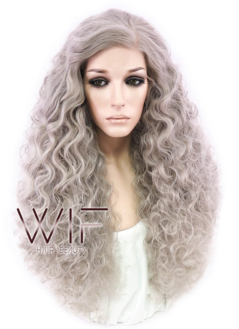 26" Long Spiral Ash Grey Made-To-Order Lace Front Synthetic Hair Wig LF1540