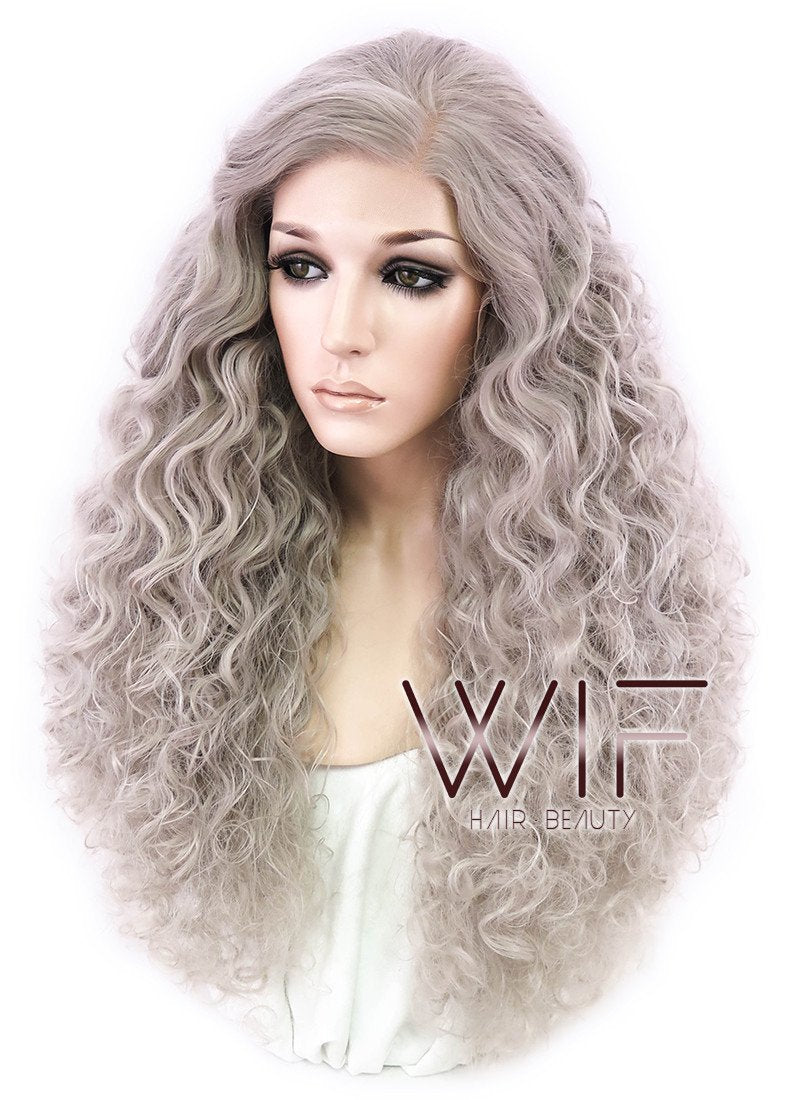 26" Long Spiral Ash Grey Made-To-Order Lace Front Synthetic Hair Wig LF1540