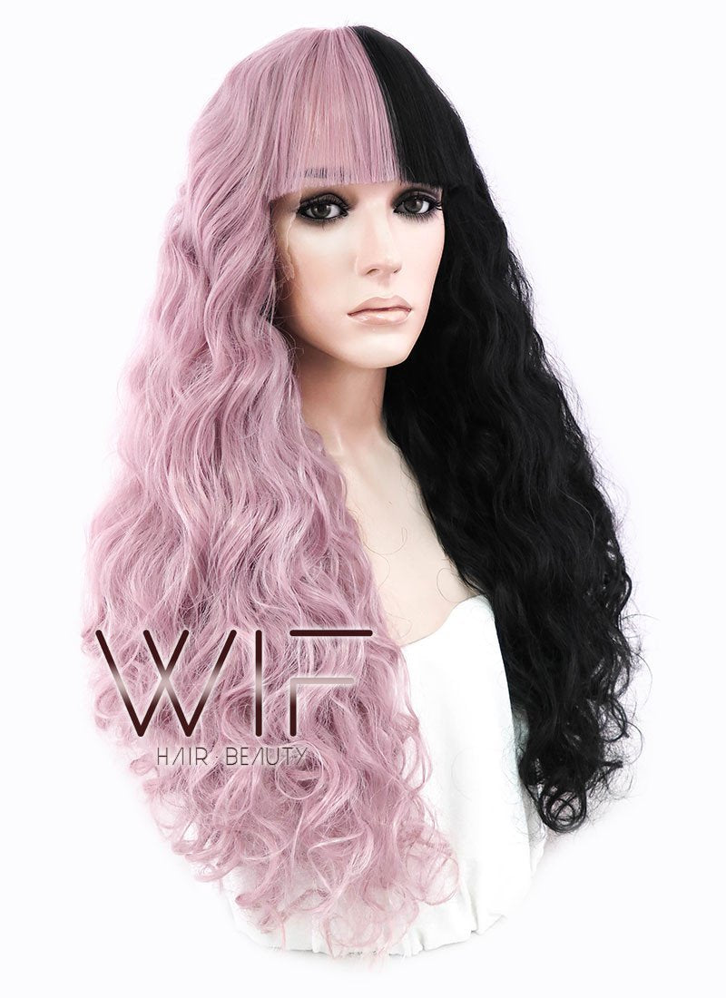 22"Long Curly Mauve Powder With Black Made-To-Order Lace Front Synthetic Hair Wig LF1549