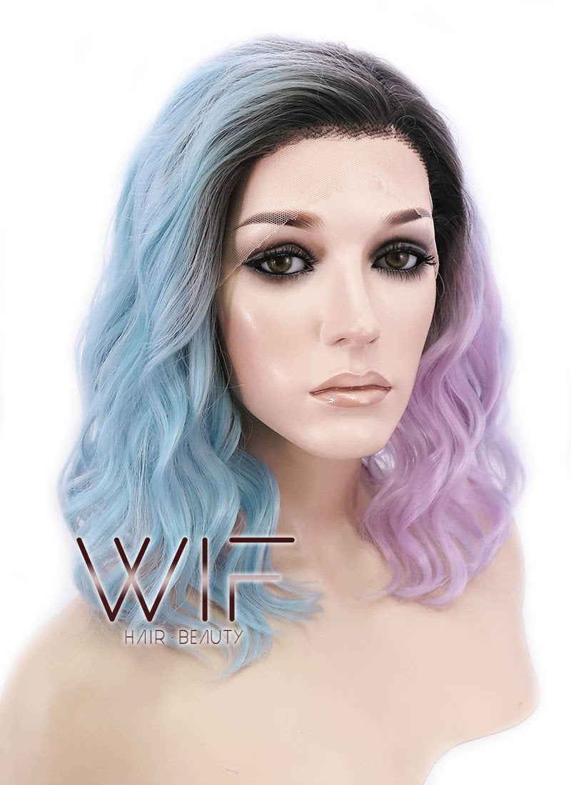 12" Short Wavy Black Mixed Light Green Ombre Lace Front Synthetic Hair Wig LF1551