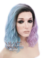 12" Short Wavy Black Mixed Light Green Ombre Lace Front Synthetic Hair Wig LF1551