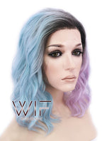 12" Short Wavy Black Mixed Light Green Ombre Lace Front Synthetic Hair Wig LF1551