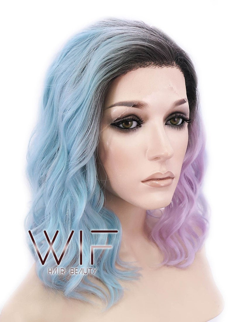 12" Short Wavy Black Mixed Light Green Ombre Lace Front Synthetic Hair Wig LF1551