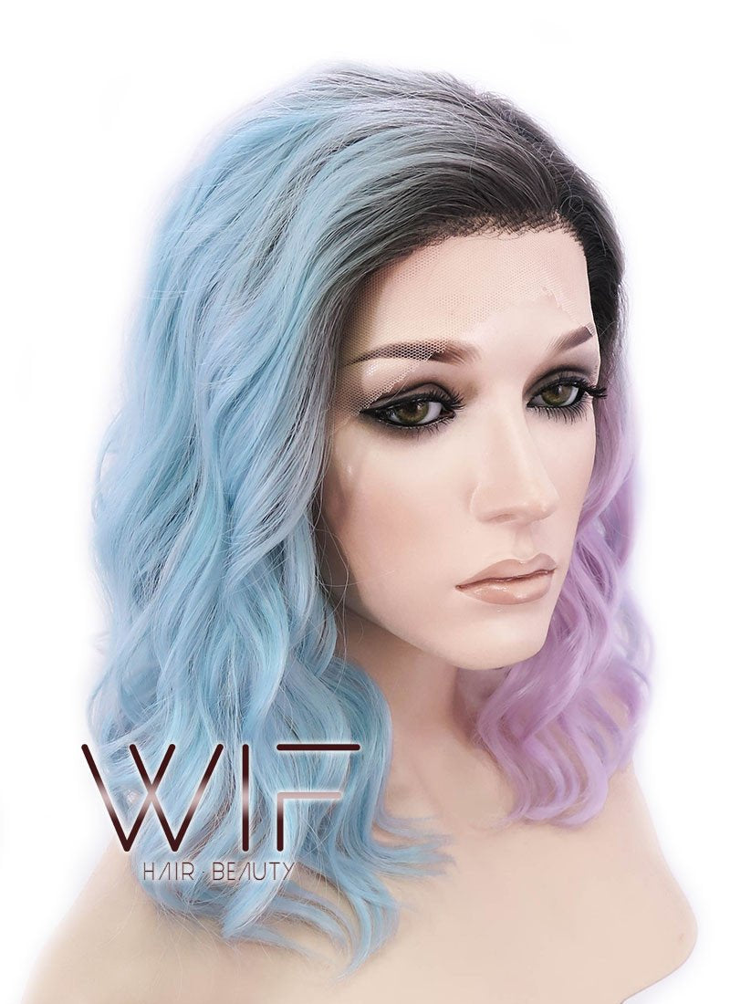 12" Short Wavy Black Mixed Light Green Ombre Lace Front Synthetic Hair Wig LF1551