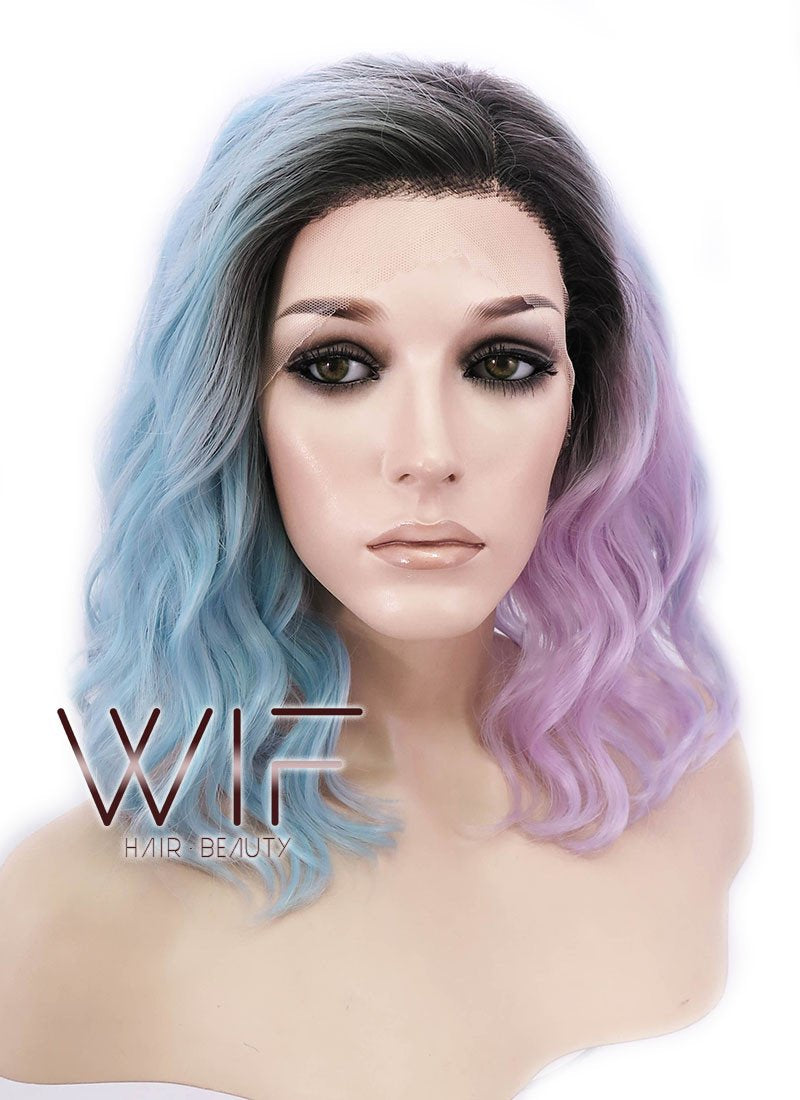 12" Short Wavy Black Mixed Light Green Ombre Lace Front Synthetic Hair Wig LF1551