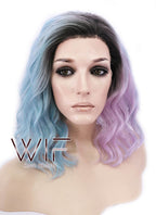 12" Short Wavy Black Mixed Light Green Ombre Lace Front Synthetic Hair Wig LF1551