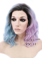12" Short Wavy Black Mixed Light Green Ombre Lace Front Synthetic Hair Wig LF1551