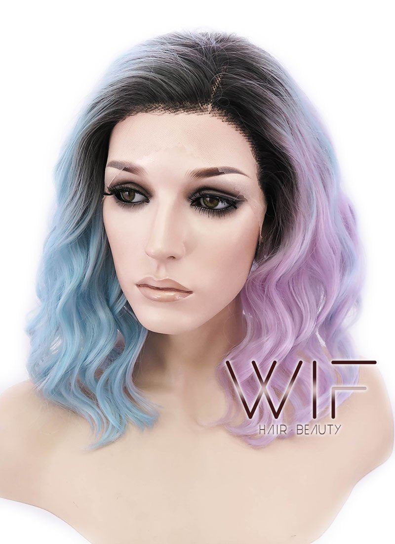 12" Short Wavy Black Mixed Light Green Ombre Lace Front Synthetic Hair Wig LF1551