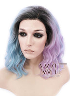 12" Short Wavy Black Mixed Light Green Ombre Lace Front Synthetic Hair Wig LF1551